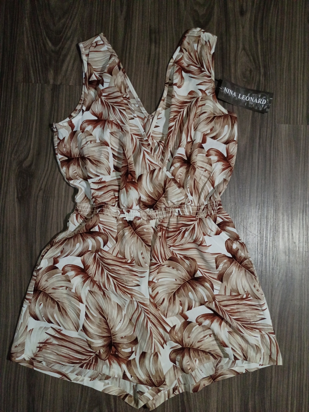 Nina Leonard Cream and Brown Leaf-Print Sleeveless Wrap Romper